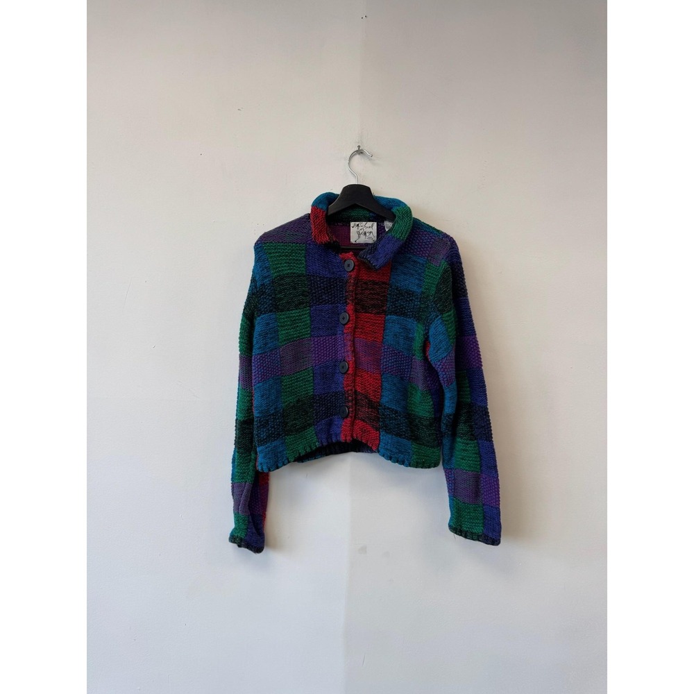 Vintage Michael Simon Sweater Womens‎ Small Multicolor Check Knit Cardigan 90s